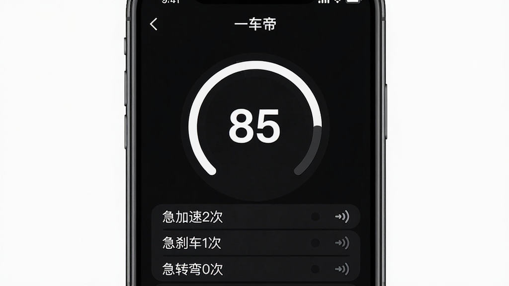 һ���ֻ����棬��ʾ��һ���ۡ�App�ļ�ʻ���ֱ��棬ҳ��������һ��Բ�η�������ʾ85�֣��·��г���������2�Ρ�����ɲ��1�Ρ�����ת��0�Ρ���������������Ϊ��ɫģʽ�����ְ�ɫ������˶��У����ʸɾ�������