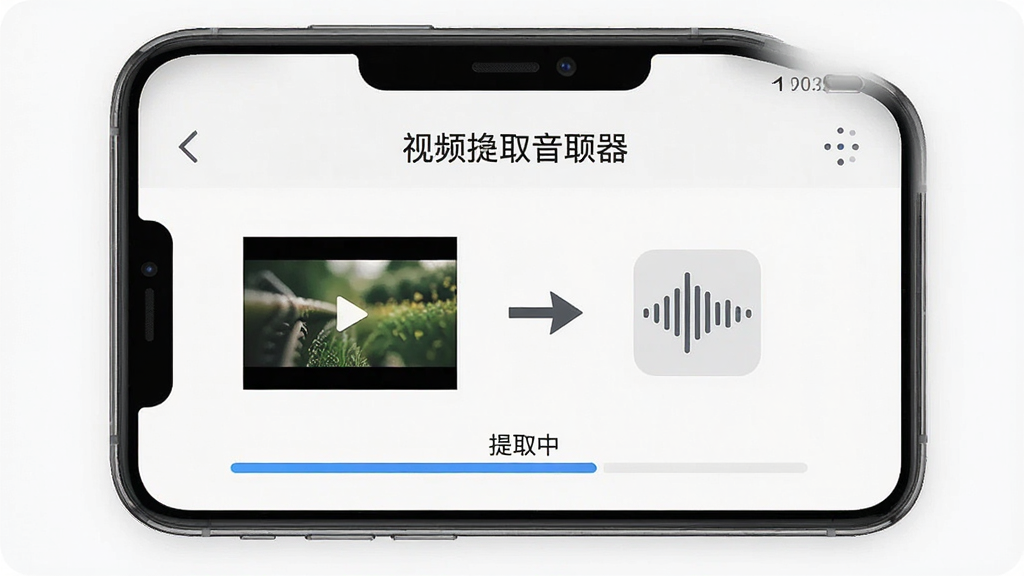 һ��չʾ����Ƶת����ȡ������Ƶ��ȡ��Ƶ���ܵ�ͼƬ��������һ���ֻ���Ļ����Ļ����ʾ�Ŵ���Ƶ�ļ�����ȡ��Ƶ�Ĳ������棬���������һ����Ƶ�ļ�����ͼ���м���һ�����ҵļ�ͷָ��һ����Ƶ����ͼ�꣬�·��н�������ʾ����ȡ�С������������ִ�����ɫ��ˬ�����ʸɾ����޶���Ԫ�ء�