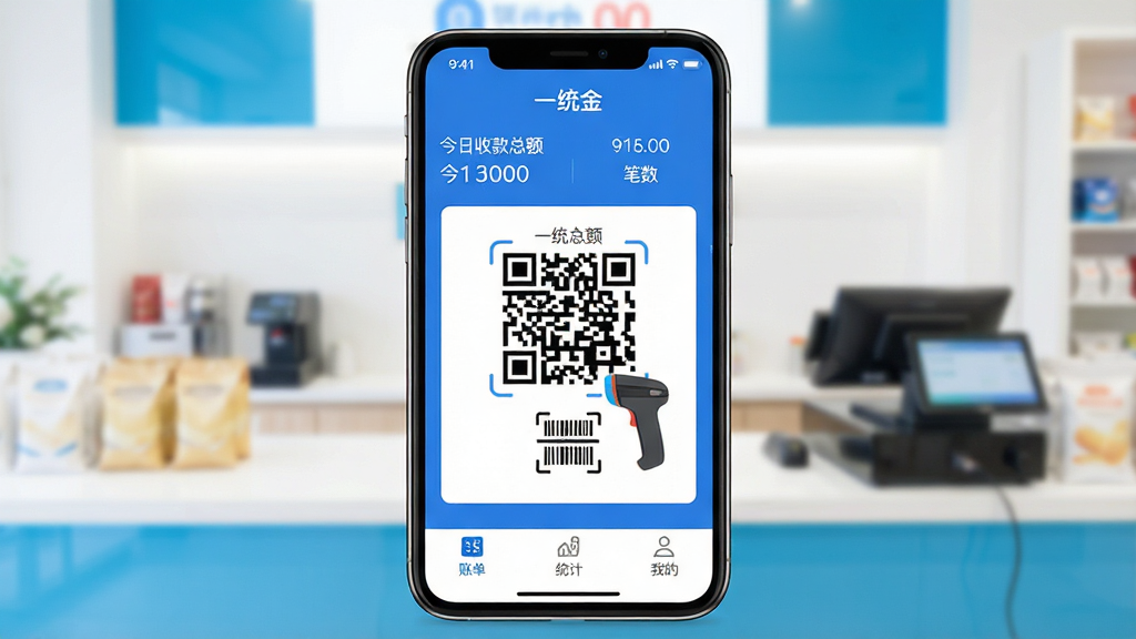 һ���ֻ�Ӧ�ý���չʾͼ�����������ǡ�һͳ��App�������棬����Ϊ�����ĵ��̹�̨���������������ɫ�Ͱ�ɫΪ��ɫ����������ʾ�����տ��ܶ�ͱ������м�����Ŀ���տ��ά���ɨ��ǹͼ�꣬�ײ����˵���ͳ�ơ��ҵ�����ѡ�����������������ִ���ƽ�����ʸɾ��޶���Ԫ��