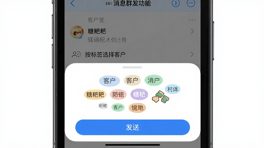 ������С�ܼ���ϢȺ�����ܽ��棬�������ֻ���Ļ�м�һ���༭�õĻ֪ͨ���·��С�����ǩѡ��ͻ�����ѡ�����Ϊ����ʽ��壬�Ű��࣬���Ϊ�ִ�App����������磬ϸ�ڰ����ͻ���ǩ�ƺͷ��Ͱ�ť�����ʸɾ��޶���Ԫ��