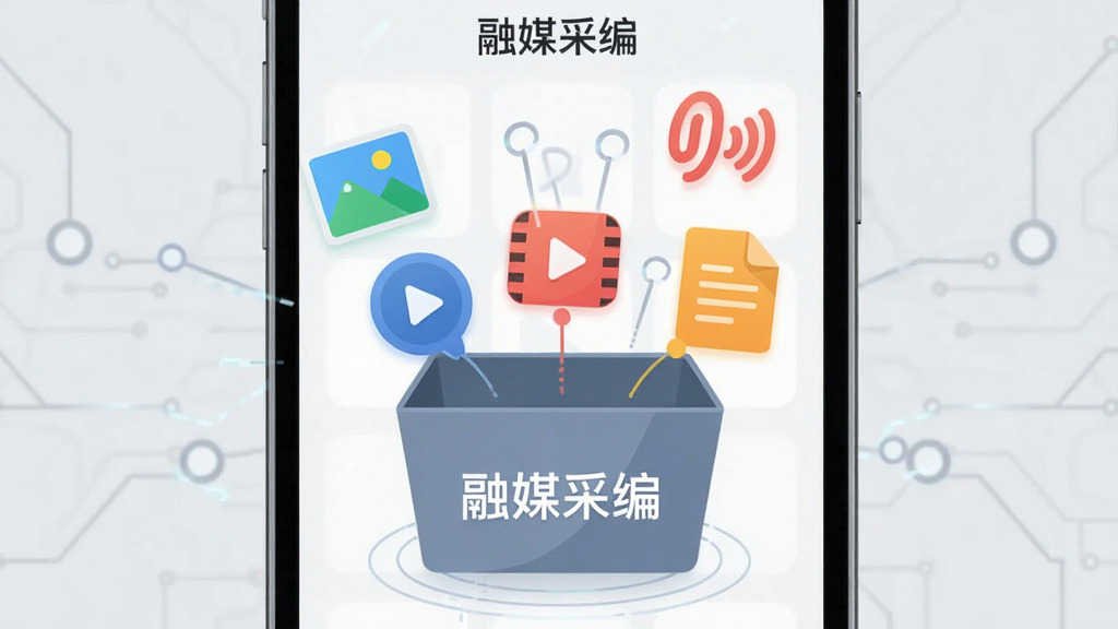 һ��ʾ��ͼ��չʾ�ֻ���Ļ�С���ý�ɱࡱAPP���زĿ���棬������Ư���Ŵ���ͼƬ����Ƶ����Ƶ���ĵ��Ĳ�ɫͼ�꣬��Щͼ����������һ�����С���ý�ɱࡱ��ʶ���������ɺ��У������Ǽ���ǳ��ɫ�����Ƽ��С���ƽ��������������������Ԫ��