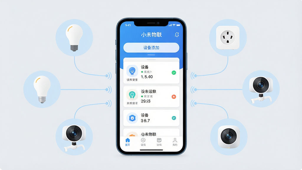 ����������һ�������ֻ����ֻ���Ļ��ʾ�š�Сδ������App�������棬������Ƽ�����죬��������ɫΪ�����������豸���Ӱ�ť���м����豸��Ƭ�б����ײ�Ϊ���������ֻ���Χ���������ܵ��ݡ����ܲ���������ͷ���豸��ͼ�꣬�õ���ɫ�������ӣ���ʾ������ͨ����������͵�ǳ��ɫ������ִ���ƽ��ϸ�ڸɾ����������ʸ��壬�޶���Ԫ�ء�