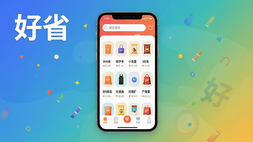 һ��չʾ����ʡ��APP����ȫò��ͼƬ���������ֻ���Ļ��ʾ��ʡAPP��ҳ���棬���������������������м��Ǹ�����Ʒ����ͼ�꣬�ײ����������Ű����ࡣ����ִ���ƽ����ϸ��Բ�󣬻��ʸɾ��������޶���Ԫ�أ�����Ϊ����ɫ��ͻ������ʡ�����ֱ�ʶ��