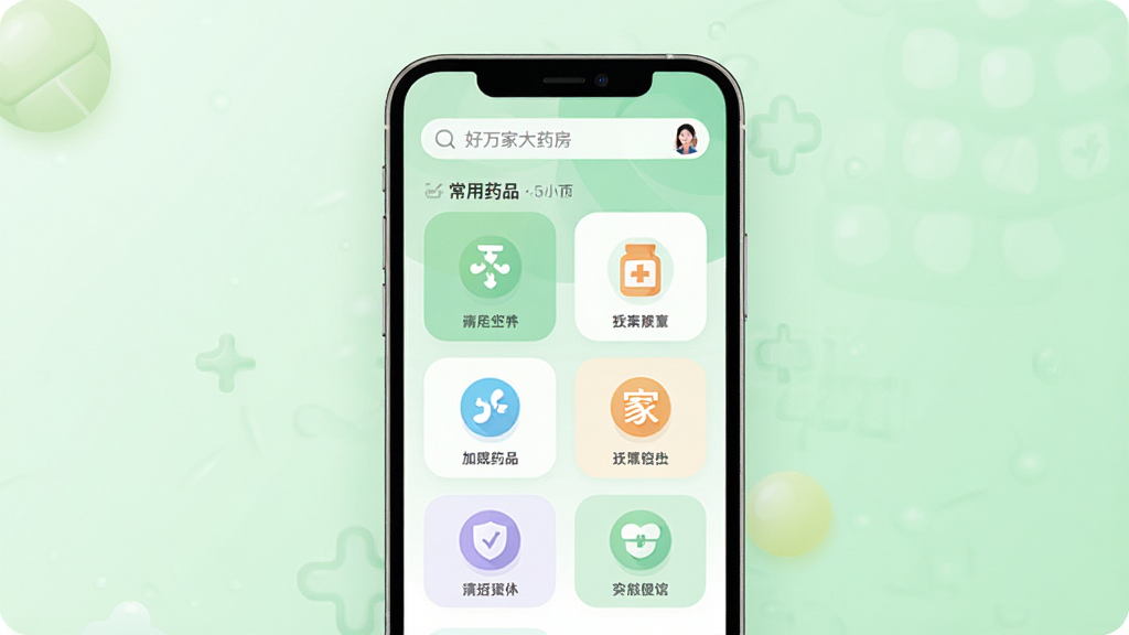 �ֻ���Ļ����չʾ������Ҵ�ҩ����APP����ҳ���棬����Ϊ�������м��ǳ���ҩƷ����ͼ�꣬��������͵�ǳ��ɫ���䣬������ɾ��ִ���ƽ����ϸ��Բ�����������ʸ����޶���Ԫ��