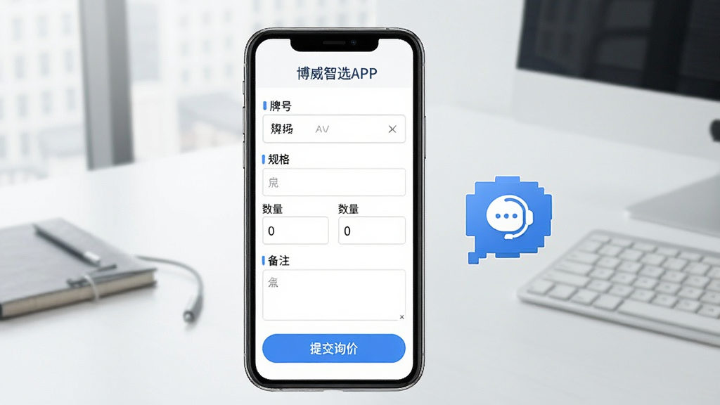 ������ѡAPPѯ�۹��ܽ��棬�ֻ���Ļ��ʾѯ�۵���дҳ�棬���ƺ�ѡ��򡢹����������������ͱ�ע�����·���һ����ɫ�ġ��ύѯ�ۡ���ť����Ļ�Ա���һ���Ի�����ͼ�꣬��ʾ�ͷ����ߣ������Ǹɾ��İ칫���棬��������࣬�����������޶���Ԫ�أ�ͼƬ�����ֱ�ע��������ѡAPP��