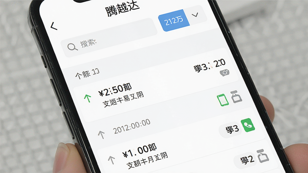 一张“腾越达”应用账单明细页面的特写,画面中手机屏幕上展示着按时间排序的交易记录列表,每条记录包含金额、时间和支付方式图标,顶部有搜索框和日期筛选按钮,风格简洁实用,画质清晰干净