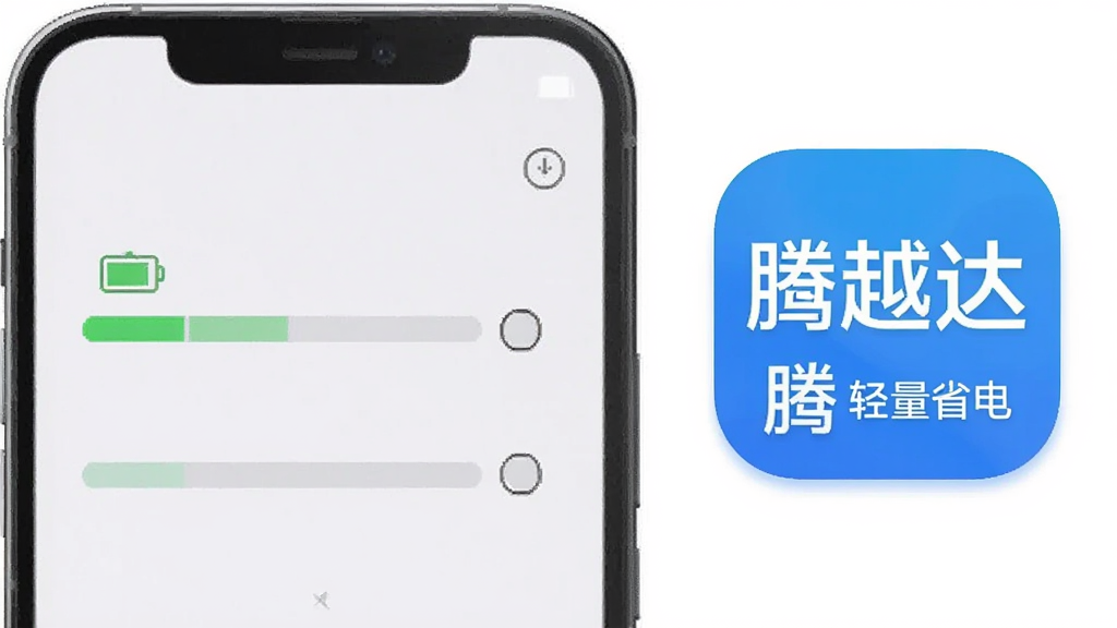 一张展示“腾越达”应用在手机后台运行状态的示意图,画面中手机屏幕显示电池和内存占用较低的指示条,旁边有“腾越达”图标,风格干净清爽,突出轻量省电的特点,画质清晰无多余装饰