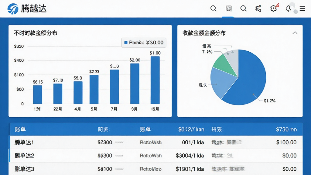 一张“腾越达”应用的数据统计页面截图,画面中显示柱状图和饼图展示不同时段的收款金额分布,下方有清晰的账单列表,界面配色以蓝白为主,风格专业且易读,画质干净无杂乱元素