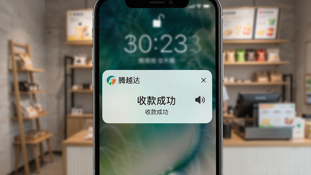 一张“腾越达”应用在手机锁屏状态下弹出收款到账通知的画面,通知卡片上显示金额和“收款成功”字样,旁边有一个小喇叭图标表示语音播报,背景是模糊的店铺环境,风格写实,突出实时提醒的安心感,画质清晰干净
