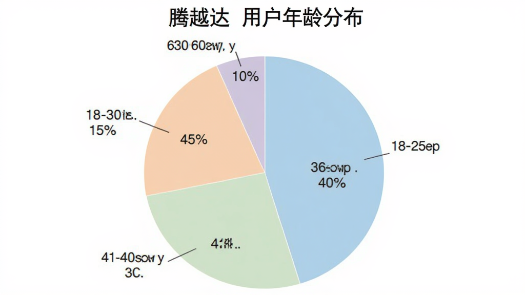 一张展示“腾越达”用户年龄分布的饼状图,图表中显示18-30岁占比约15%,31-45岁占比约40%,46-60岁占比约35%,60岁以上占比约10%,配色柔和清晰,风格简洁专业,画质干净无多余元素