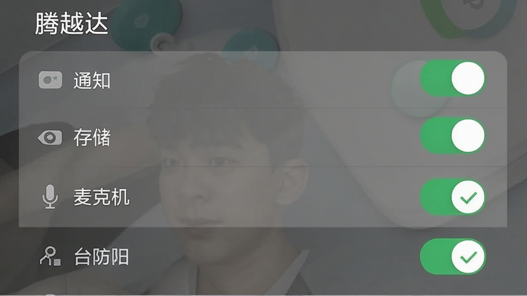 一张“腾越达”应用在手机设置权限页面的示意图,画面中显示通知、存储、麦克风等权限开关处于开启状态,旁边有绿色对勾标记,风格简洁明了,突出权限设置步骤,画质清晰干净无多余元素
