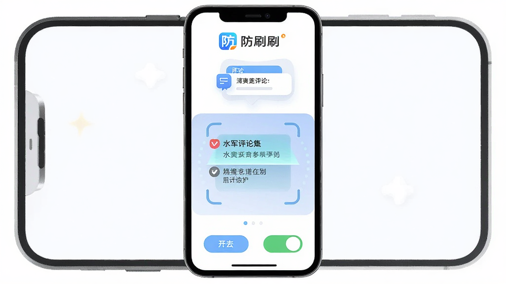 防刷刷软件主界面展示 主体是一个手机屏幕画面 布局上下结构 顶部显示防刷刷logo和清爽的评论区图标 中间是智能识别水军评论的扫描动画 底部是功能开关按钮 排版居中对称 风格现代简约扁平化 细节圆润 画质干净无多余元素