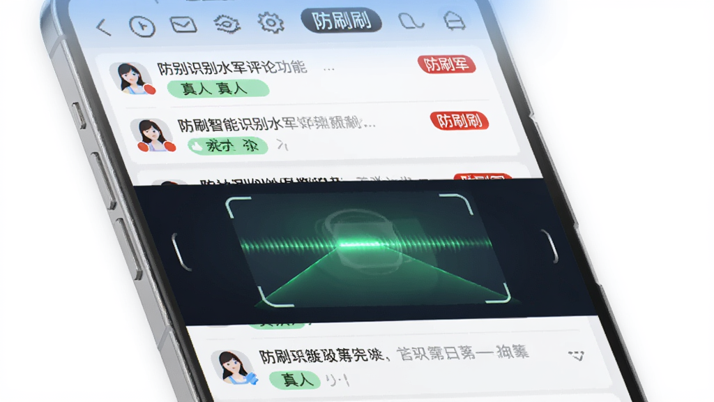 防刷刷智能识别水军评论功能展示 主体是一个手机界面 布局上方是评论区列表 每条评论旁边有防刷刷的识别标记 红色标记水军 绿色标记真人 中间有扫描光束动画 排版清晰 风格科技感扁平化 细节精致 画质干净无多余元素 图片中文字“防刷刷”
