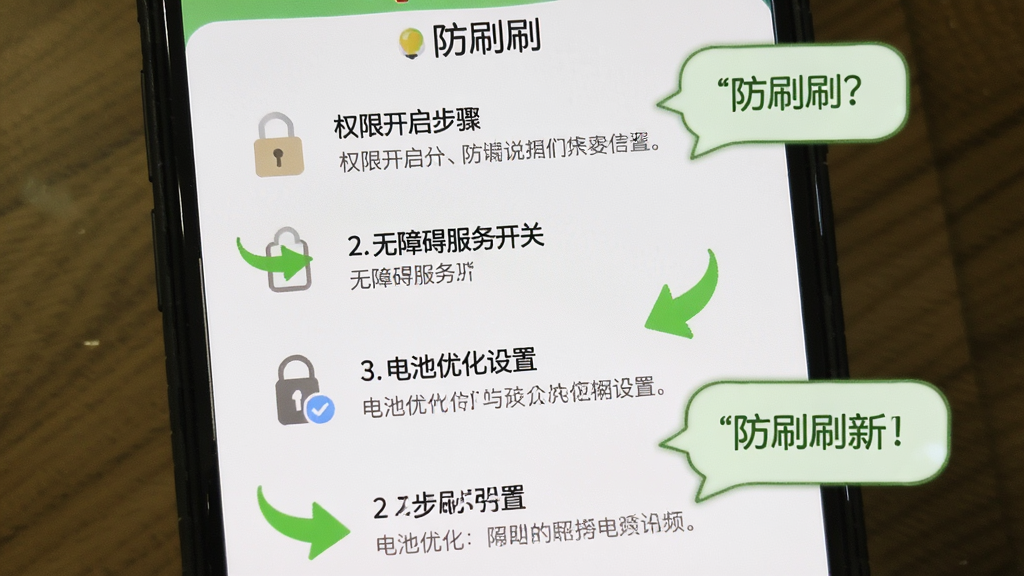 防刷刷新手设置引导界面 主体是手机屏幕 布局从上到下依次是权限开启步骤 无障碍服务开关 电池优化设置 排版分步引导 风格友好亲切 细节用绿色箭头和提示气泡 画质干净无多余元素 图片中文字“防刷刷”