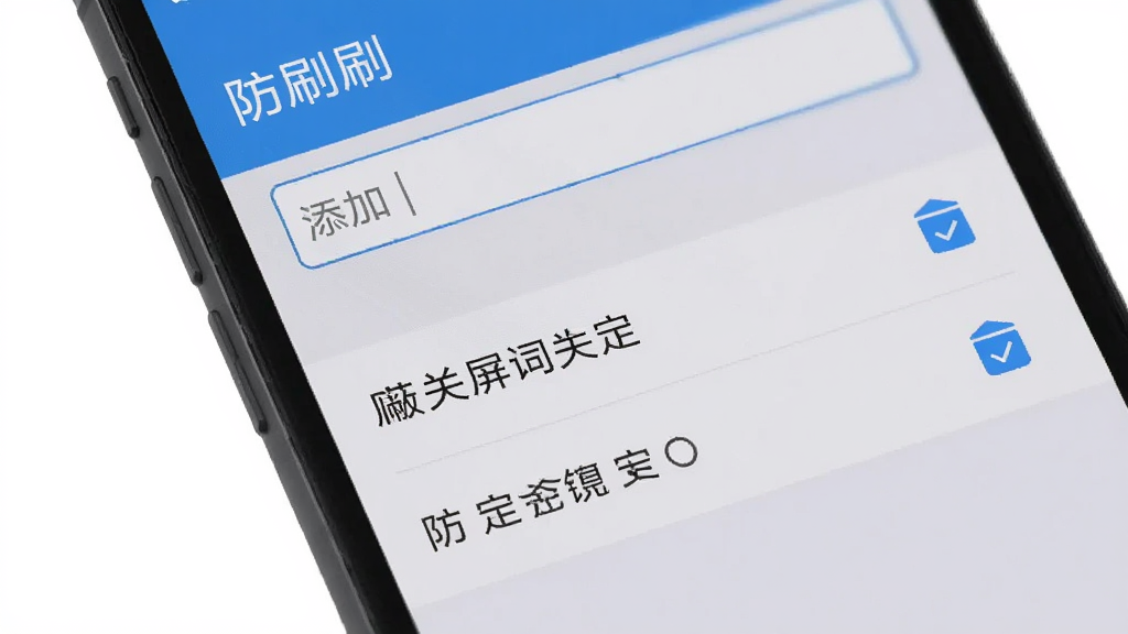 防刷刷自定义屏蔽关键词设置页面 主体是手机设置界面 布局是列表形式 每个关键词旁边有删除按钮 上方有添加输入框 排版整齐 风格极简 细节用浅灰色背景和蓝色高亮 画质干净无多余元素 图片中文字“防刷刷”