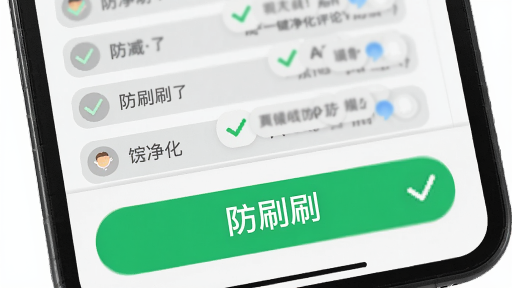 防刷刷一键净化评论区功能界面 主体是手机屏幕 布局上半部分是评论区 有大量灰色折叠的评论 下半部分是醒目的净化按钮 按钮上有“防刷刷”字样 排版简洁 风格清爽 细节用绿色对勾图标点缀 画质干净无多余元素
