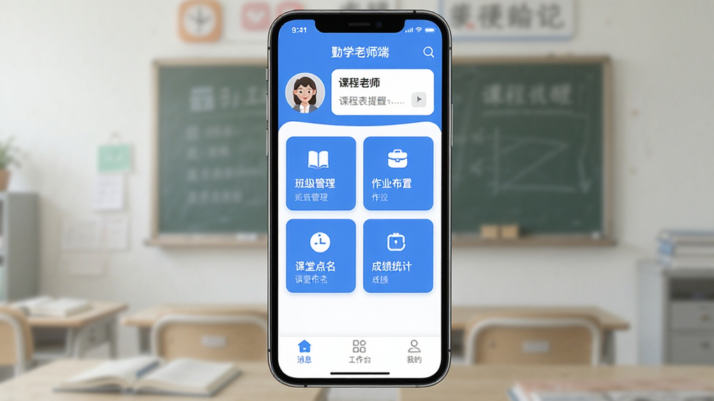 ��ѧ��ʦ��App������ȫòչʾ�������������ֻ���Ļ����Ļ����ʾ��ѧ��ʦ��App��ҳ�������༶��������ҵ���á����õ������ɼ�ͳ���ĸ�����ģ�鿨Ƭ��������ʾ��ʦͷ��Ϳγ̱����ѣ��ײ�Ϊ��Ϣ������̨���ҵ�����������ǩ�����岼�ּ��������������ɫΪ��������ִ���ƽ����ϸ��Բ�󣬻��ʸɾ��޶���Ԫ�أ��ʺ�Ӧ���г����ҳչʾ