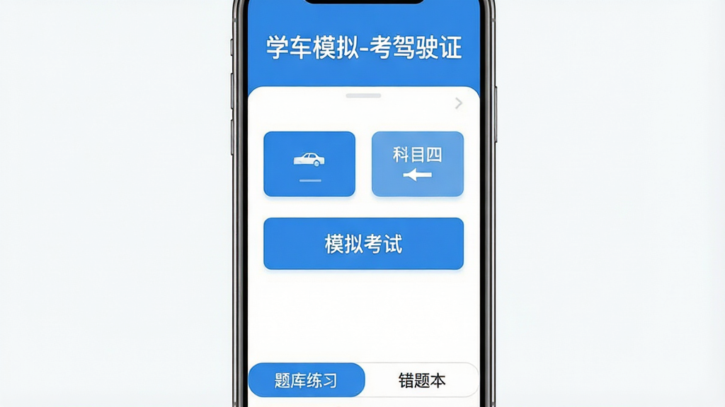 一张手机屏幕展示“学车模拟-考驾驶证”App主界面的图片,顶部显示“学车模拟-考驾驶证”文字,中间是科目一、科目四按钮和模拟考试入口,底部是题库练习和错题本选项卡,整体布局简洁,蓝白配色,风格现代扁平,画质干净无多余元素