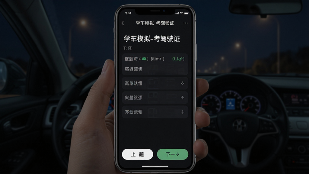 一张展示“学车模拟-考驾驶证”App夜间模式做题界面的图片,画面中手机屏幕显示题目和选项,背景为深色,文字为白色,底部有上一题下一题按钮,风格简洁护眼,画质干净无多余元素