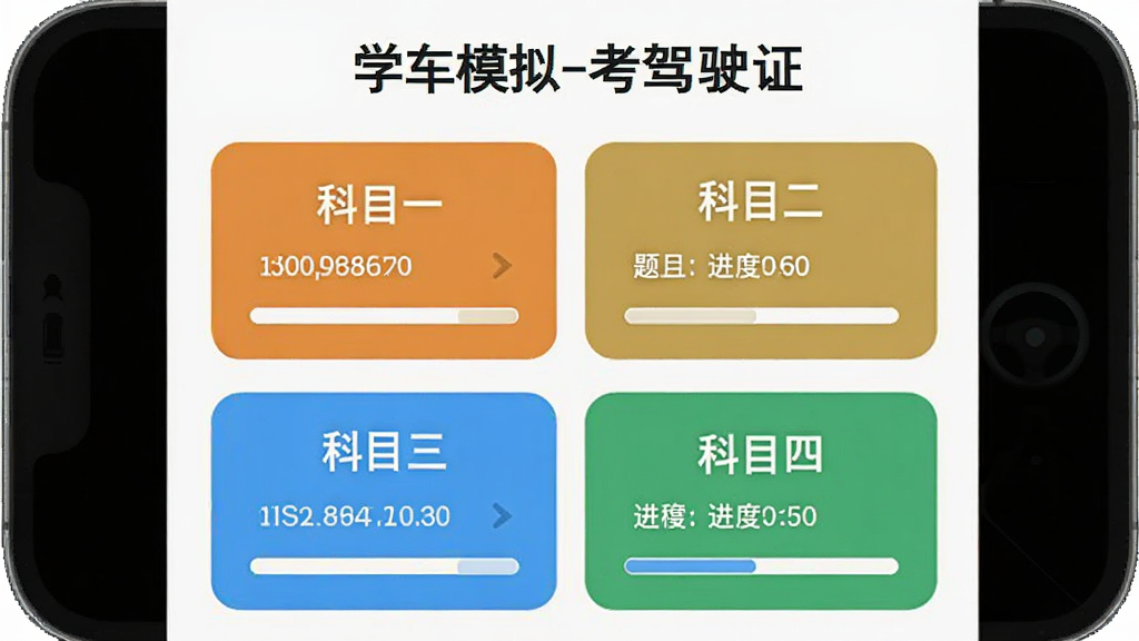 一张展示“学车模拟-考驾驶证”App科目选择界面的图片,画面中手机屏幕显示科目一、科目二、科目三、科目四四个大按钮,每个按钮下方有题目数量和进度条,背景为白色,风格扁平化设计,画质干净无多余元素