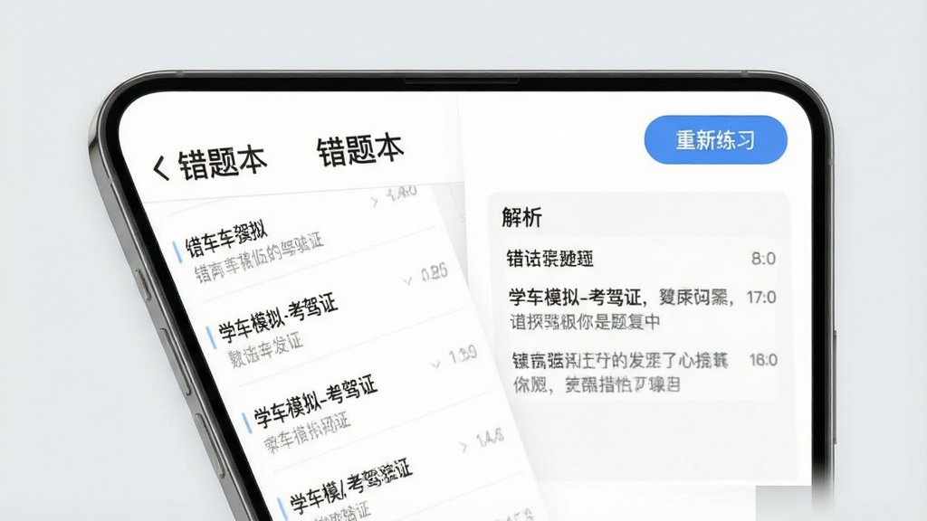 一张展示“学车模拟-考驾驶证”App错题本界面的图片,画面中手机屏幕显示错题列表和解析区域,顶部有“错题本”标题,右侧有重新练习按钮,背景为浅灰色,风格简洁清晰,画质干净无多余元素