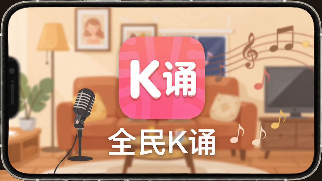 一张展示全民K诵App主界面的手机截图风格插画,画面中央是全民K诵的Logo和名称,背景是温馨的客厅场景,有麦克风和音符元素,布局简洁,风格现代扁平,画质干净无多余元素