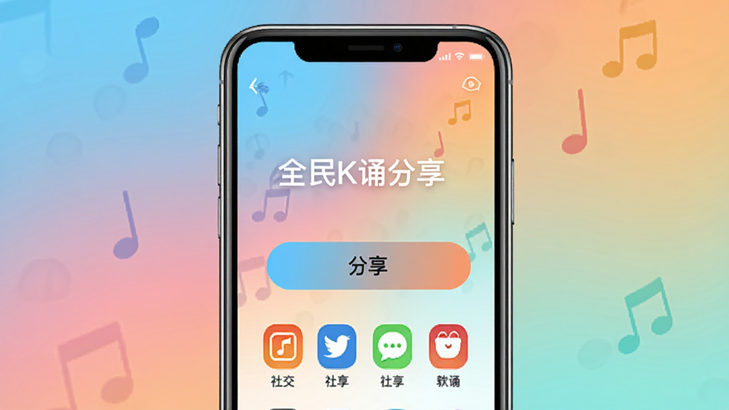 全民K诵作品分享界面示意图,画面中有手机屏幕显示分享按钮和社交平台图标,背景是简洁的渐变色彩,风格清新明快,布局合理,画质干净无多余元素