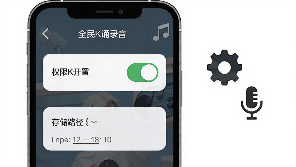 全民K诵录音设置界面示意图,画面中有手机屏幕显示权限开关和存储路径选项,旁边有齿轮和麦克风图标,风格简洁明了,布局清晰,画质干净无多余元素