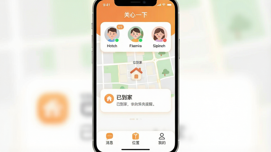 һ���ֻ�Ӧ�ý����ͼ����������չʾ������һ�¡�App����ҳ��������ʾ��ͥ��Աͷ�������״̬���м���λ�ù�����ͼ��һ�����ѵ��ҡ������ѿ�Ƭ���ײ�Ϊ��Ϣ��λ�á��ҵ�����ѡ����������ů��ɫ�Ͱ�ɫΪ��ɫ����ͼ��Բ�����������������ܰ��࣬���ʸɾ����޶���Ԫ��