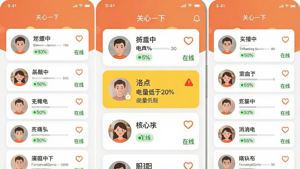 һ���ֻ�Ӧ�ù���չʾͼ�������С�����һ�¡�App������ʾ��ͥ��Ա�Ŀ�Ƭ�б���ÿ�ſ�Ƭ��ͷ�����֡������ٷֱȺ͡����ߡ�״̬��ǩ������һ�ſ�Ƭ��ʾ����������20%���Ļ�ɫ���ѣ����岼�����룬��ɫ��ů��ͼ���࣬���ʸɾ����޶���Ԫ��