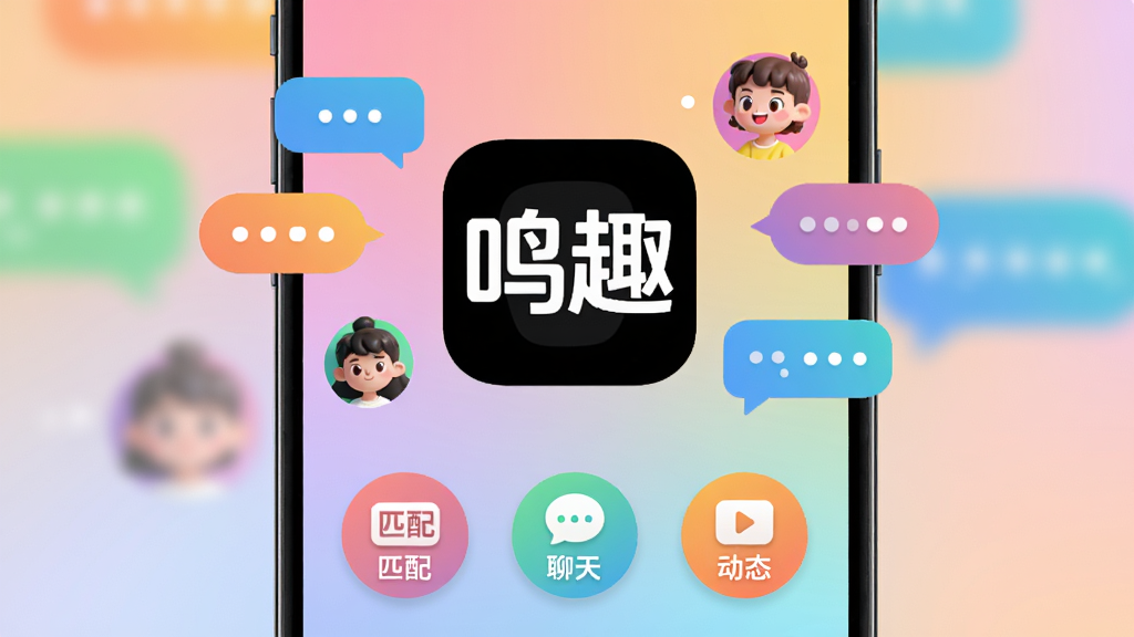 �ֻ���Ļ������ʾ����Ȥ��App��Logo��Logo��Χ�����Ų�ɫ���������ݺͿ�ͨ����ͷ�񣬱�������͵Ľ���ɫ���·��С�ƥ�䡱�����족����̬������Բ��ͼ�꣬������������ã����������ɾ����޶���Ԫ��