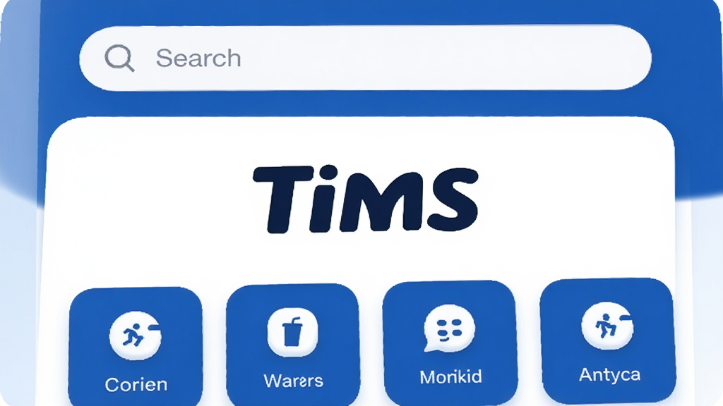 Tims��һ���ֻ�Ӧ�ã���������ÿ�Ƭʽ���֣�����Ϊ�������м���Ŀ��չʾ��Tims��Logo���·������ż���ù�����ڣ��������������ɫ��Ϊ����������ִ���ͼ��Բ�󣬻��������ɾ����޶���Ԫ�أ������Ǹɾ���ǳɫ���䣬����һ����ˬ��Ч�ĸо�