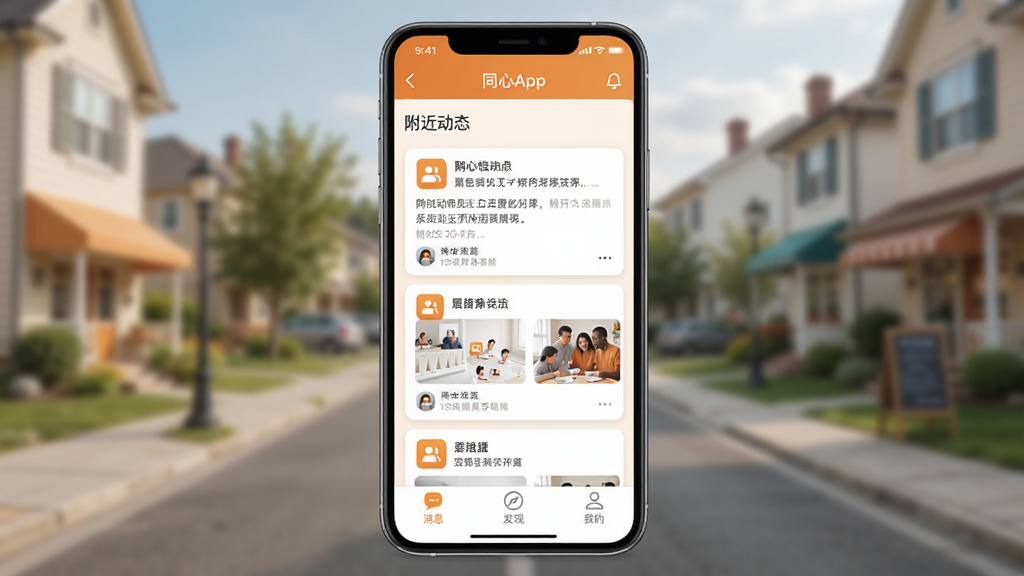 ͬ��App������չʾ���ֻ���Ļ������ʾͬ��Ӧ����ҳ���Ϸ��Ǽ��ĵ��������м��Ǹ�����̬��Ϣ����Ƭ���ײ�����Ϣ�����֡��ҵ�����ͼ�꣬������ɫ����ů�ĳȰ�ɫΪ����������ģ���������ֵ���������ƽ����Ʒ�񣬻���ɾ����࣬���廭�ʣ��޶���Ԫ��