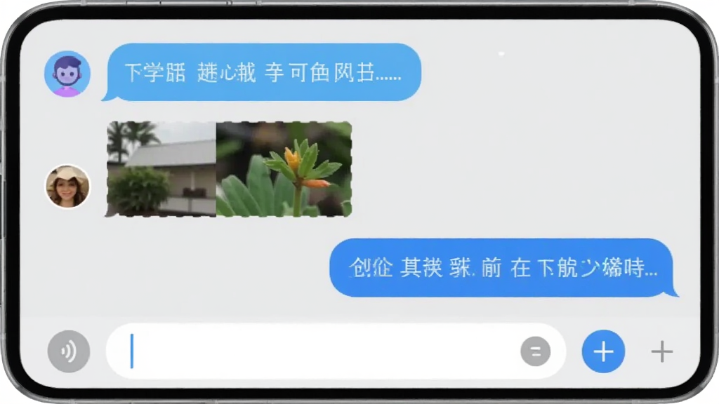 ͬ��App��ʱͨѶ������棬�ֻ���Ļ��ʾ�Ի����ݣ�����ǶԷ����������ֺ�ͼƬ��Ϣ���Ҳ����Լ��Ļظ����ײ�������Ա��������ͼӺŰ�ť�������ǵ���ɫ����������ˬ�����������׶�����ƽ����ƣ��޶���װ��Ԫ��
