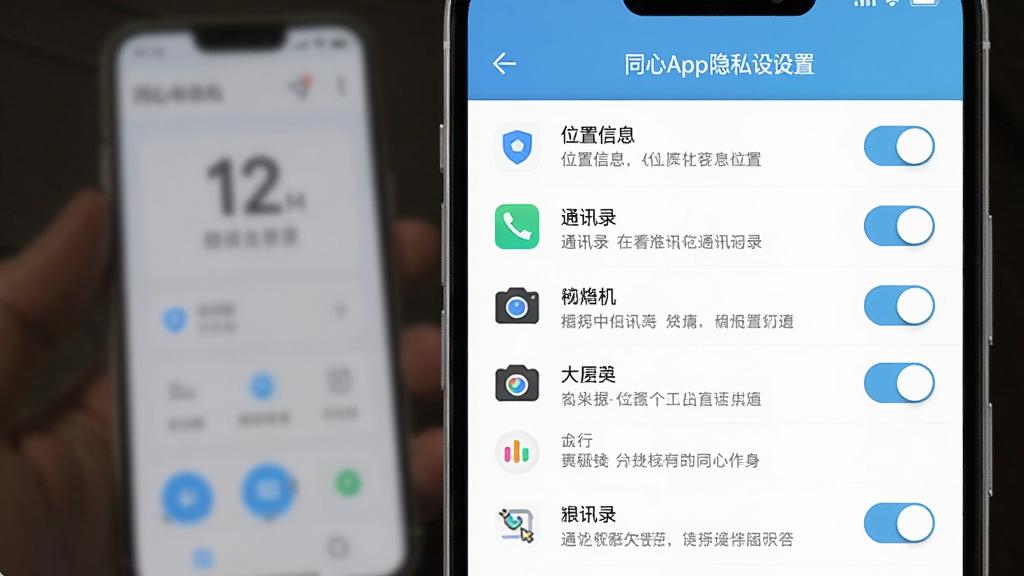 ͬ��App��˽����ҳ�棬�ֻ���Ļ��ʾȨ�޿����б�������λ����Ϣ��ͨѶ¼�������ѡ��Ա�����ϸ��˵�����֣������԰�ɫ��ǳ��ɫΪ����ͼ���࣬������ģ�����ֻ��������������廭�ʣ��ɾ�������