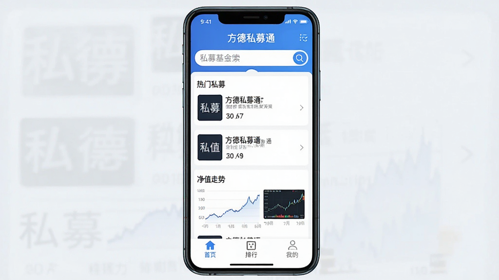 一张手机屏幕展示方德私募通应用主界面的图片,界面顶部显示私募基金搜索框,中间区域展示热门私募产品列表和净值走势小图,底部为首页、排行、我的三个选项卡,整体以蓝白配色为主,风格简洁现代,画质干净清晰,文字内容包含“方德私募通”字样,无多余元素