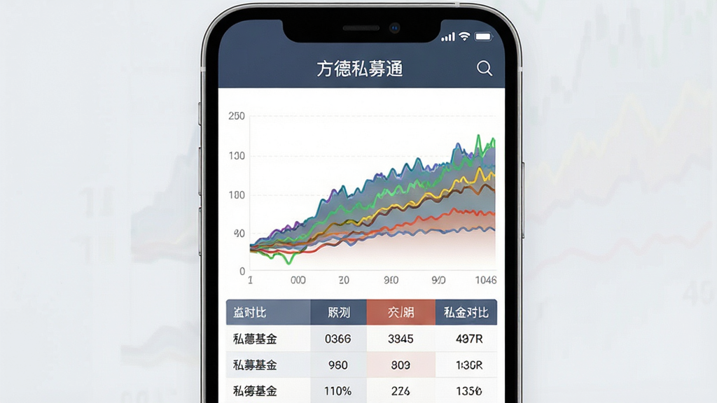 一张展示方德私募通排名对比功能的图片,画面中手机屏幕显示多只私募基金的收益曲线叠加图,不同颜色线条代表不同产品,下方有对比数据表格,背景为淡灰色,整体风格专业简洁,屏幕上方有“方德私募通”应用名称,画质干净无多余元素