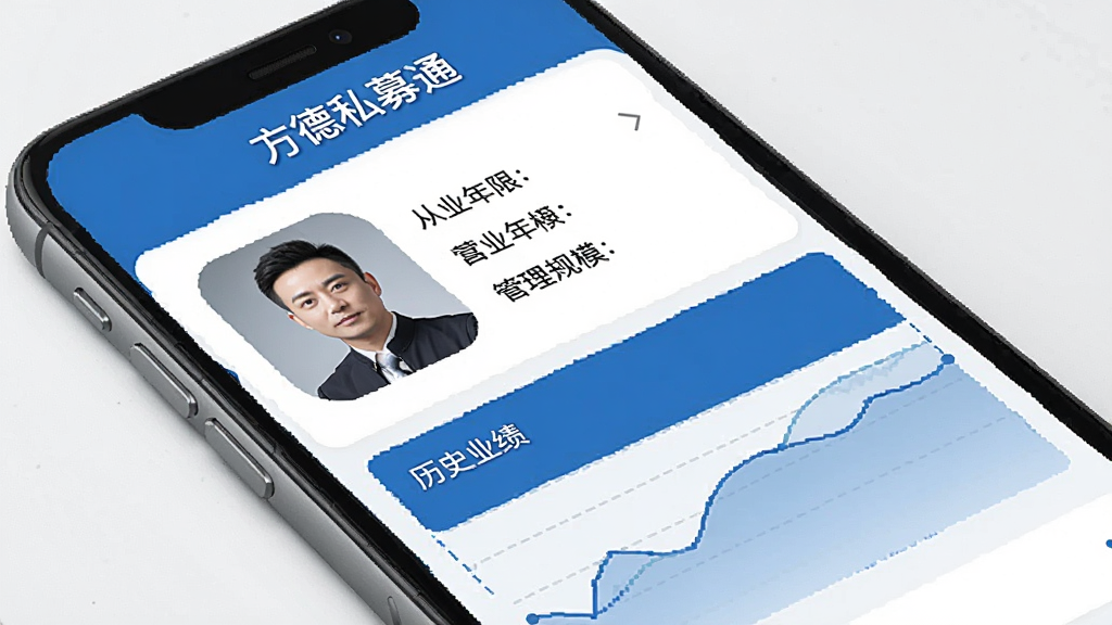 一张展示方德私募通基金经理档案页面的图片,手机屏幕显示基金经理头像、从业年限、管理规模、历史业绩曲线等模块,布局清晰,蓝白配色,屏幕顶部有“方德私募通”字样,整体风格专业简洁,画质干净