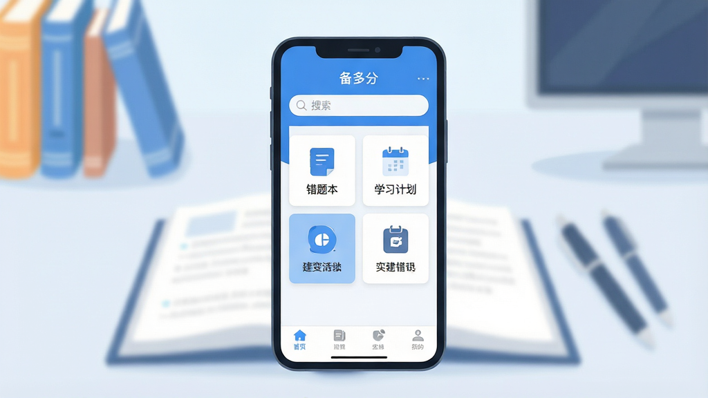 һ����ƽ�������ֻ�Ӧ�ý����ͼ����������չʾһ�������ֻ�����Ļ���ǡ�����֡�APP����ҳ������������ɫ��Ϊ�����ɾ���࣬�������������м��ǹ��ܿ�Ƭ������ʾ�š����Ȿ������ѧϰ�ƻ�����ͼ�꣬�ײ��������������������黯���������������鱾�ͱʣ��������ִ����£����ʸɾ��������޶���Ԫ�ء�