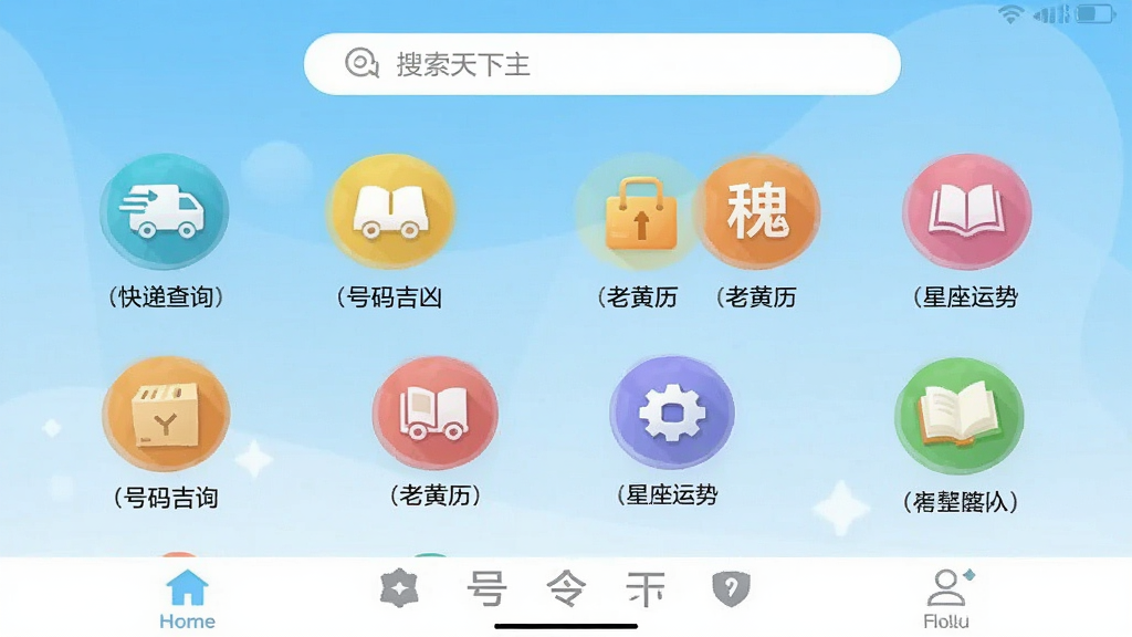 һ���ֻ�Ӧ�ý����ͼ��չʾ��������App����ҳ��������ǳ��ɫ���䣬�������������м������ſ�ݲ�ѯ�����뼪�ס��ϻ������������Ƶ�Բ�ι���ͼ�꣬�ײ��ǵ����������������������������������ʸɾ��޶���Ԫ��