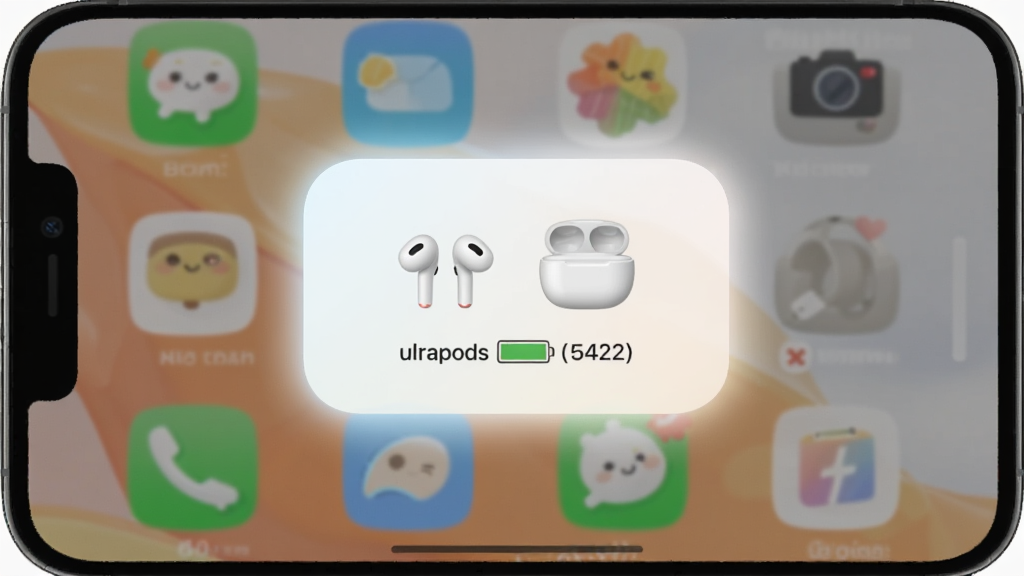一张展示ultrapods应用弹窗动画效果的手机截图,画面中手机屏幕中央弹出一个圆角矩形的连接窗口,窗口内显示耳机和充电仓的图标以及电量数字,窗口边缘有柔和的发光效果,背景是手机桌面,风格可爱温馨,画质干净,无多余元素