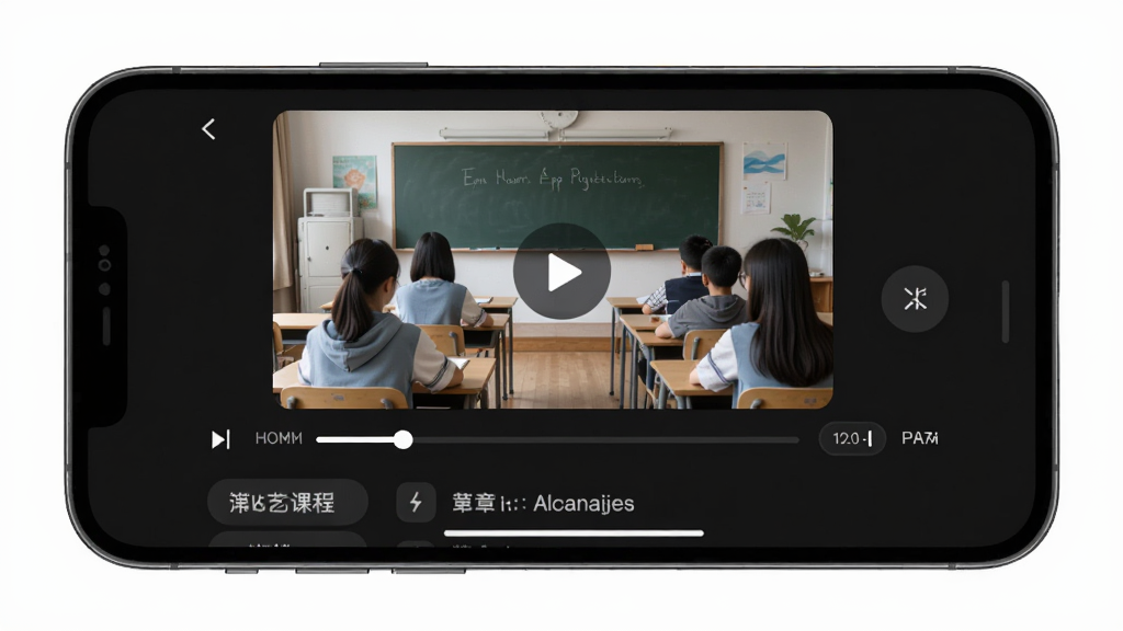 ��ѧ����App��Ƶ���Ž��棬�ֻ�������ʾ�γ���Ƶ�ͱ��ٵ��ڰ�ť�������·��н��������½��б���������ɫ����ģʽ������࣬�����������޶���Ԫ��