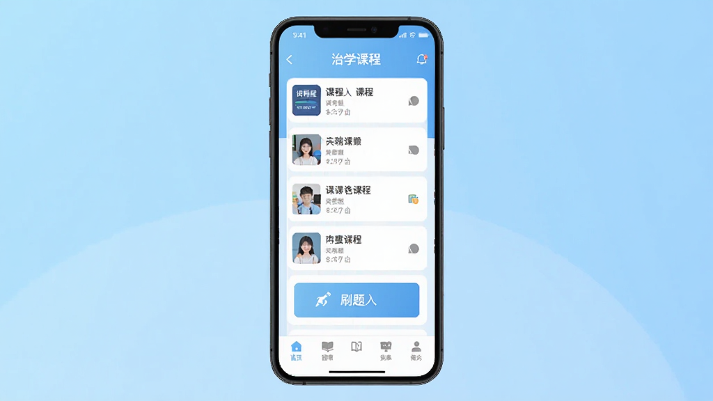 ��ѧ����App������չʾ���ֻ���Ļ������ʾ�γ��б���ˢ����ڣ�����Ϊǳ��ɫ���䣬���沼�ּ�������������ײ�������������ִ���ƽ�����ʸɾ����޶���Ԫ��