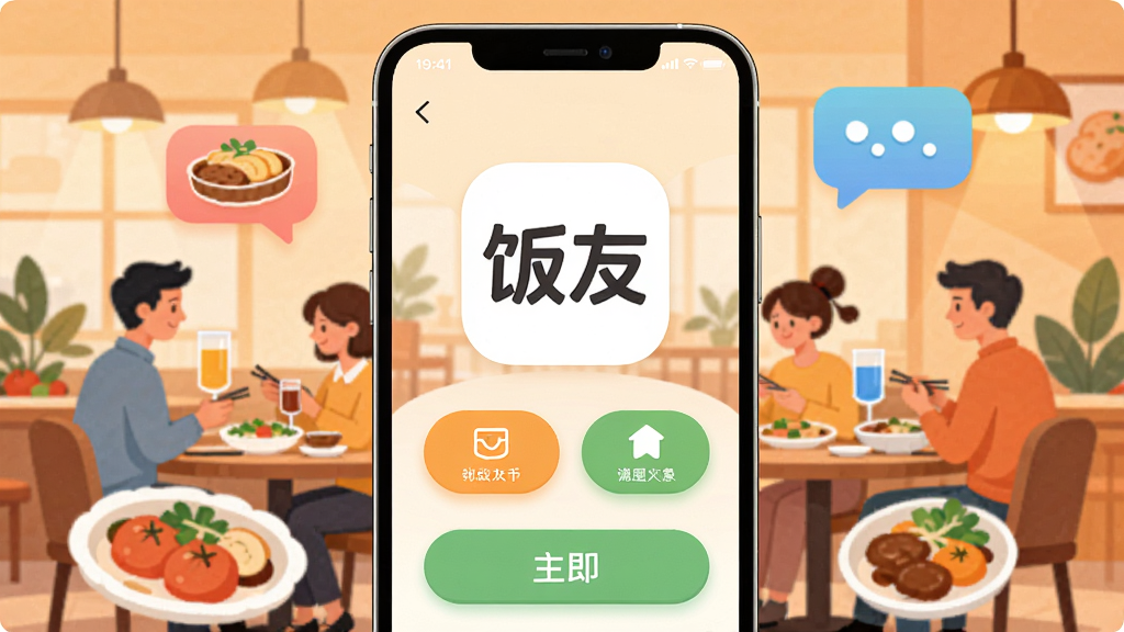 һ���ֻ���Ļչʾ���棬���������ǡ����ѡ�App��Logo�������棬��������ܰ�Ĳ����������м�����Χ���Է�������Ϊ�ֻ����У���Χ������ʳ����������ͼ�꣬���Ϊ�ִ���ƽ���廭��ϸ�ڰ���Բ��İ�ť�������Ĺ��ܱ�ǩ�����ʸɾ��������޶���Ԫ��