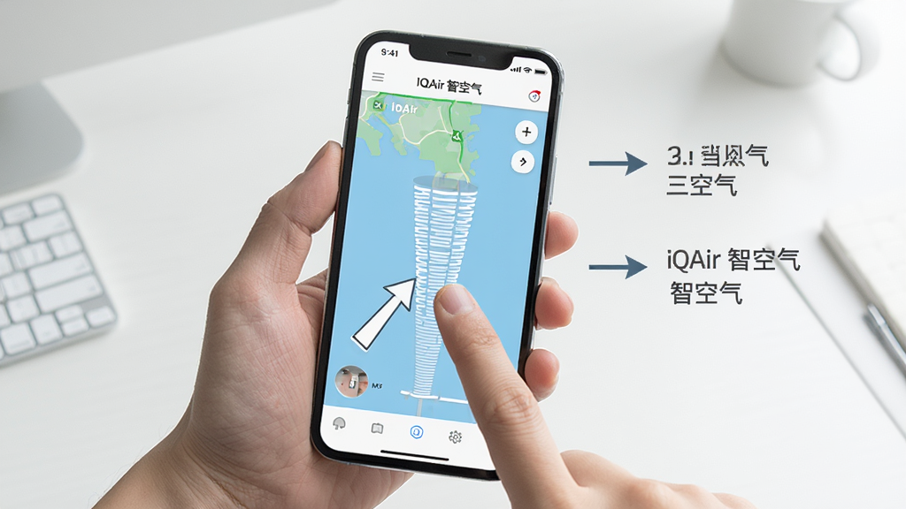 һ���ֻ�Ӧ��ʹ�ý̳�ʾ��ͼ��������һֻ�������ֻ����ֻ���Ļ����ʾ��IQAir �ǿ�����Ӧ�õĵ�ͼ���棬��ָ����˫ָ���ŵ�ͼ����Ļ�Ա��м򵥵ļ�ͷ��ע˵���������裬�����Ǹɾ������滷���������ʵ�ã����������ɾ����޶���Ԫ��