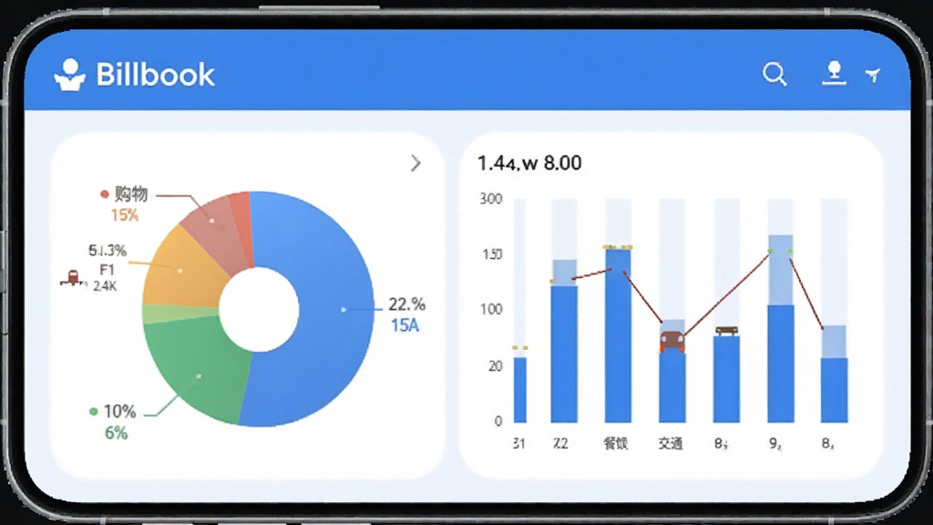 Billbook����������ͳ��ҳ�棬�ֻ���Ļ��ʾ��ɫ��״ͼ����״ͼ����ע��������ͨ������ȷ���ռ�ȣ�����������������ִ���������ɫΪ����ϸ��Բ�󣬻��ʸɾ��޶���Ԫ��