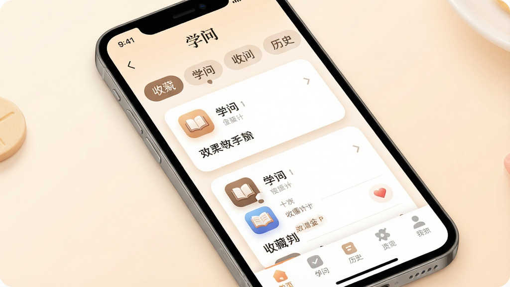 һ��չʾ��ѧ�ʡ�App�ղ�����ʷ���ܵ�ͼƬ���������ֻ���Ļ��ʾ�ղؼ��б�������Ϊ���������ǩ���м俨Ƭ�б����ײ����������Ű��������򣬷�������ů��ϸ��ͼ��Բ��Ϳ�Ƭ��Ӱ�����ʸɾ��޶���Ԫ�أ���Ļ�����֡�ѧ�ʡ������ڶ�������