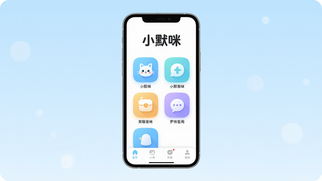 СĬ��App������ȫòչʾ�������������ֻ���Ļ����Ļ����ʾСĬ��Ӧ����ҳ�������С�СĬ�䡱�����֣��м��Ǽ���Բ��Ĺ������ͼ�꣬�ײ�������������������ǳ�����䣬����ִ���ƽ��ϸ��Բ�󣬻��ʸɾ��޶���Ԫ�أ�����ɫ����������