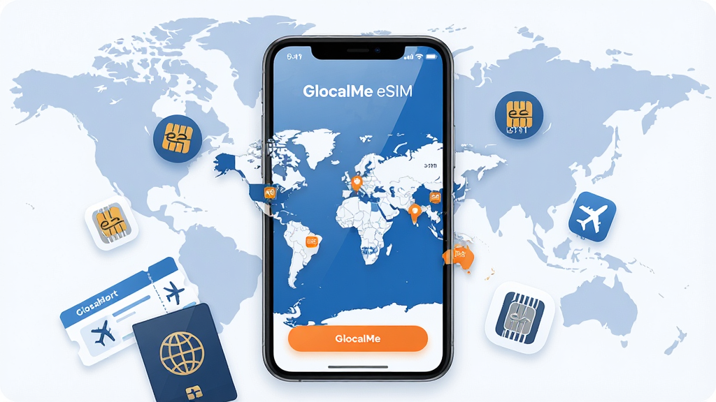 һ��չʾ GlocalMe eSIM ��������ȫò��ͼƬ������������һ�������ֻ����ֻ���Ļ����ʾ�� GlocalMe eSIM ��ȫ���ͼ���ǽ��棬��ͼ���ж�������ע�Ų�ͬ���Һ͵������ײͼ۸��ֻ��Ա�ɢ���ż���΢С�� eSIM оƬͼ��ͷɻ�Ʊ�����յ�����Ԫ�أ���������͵������ͼ���������岼�ֲ��þ��й�ͼ�����Ϊ�ִ���ƽ���Ƽ��磬ϸ�����ֻ���Ļ����΢�ĸ߹ⷴ�䣬ͼ��Բ�����������ʸɾ��޶���Ԫ�أ�ɫ��������Ϊ������׺������ɫǿ����ť