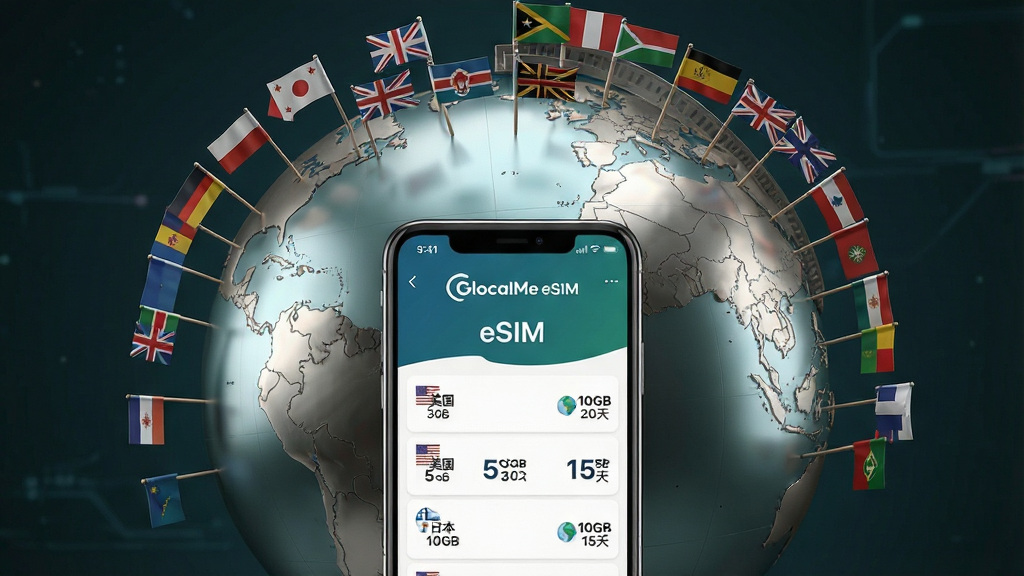 һ��չʾ GlocalMe eSIM ȫ���������ǹ��ܵ�ͼƬ������������һ�������ǣ��������ϲ�������С���Ĵ�����ͬ���ң�������ǰ����һ���ֻ����ֻ���Ļ����ʾ��